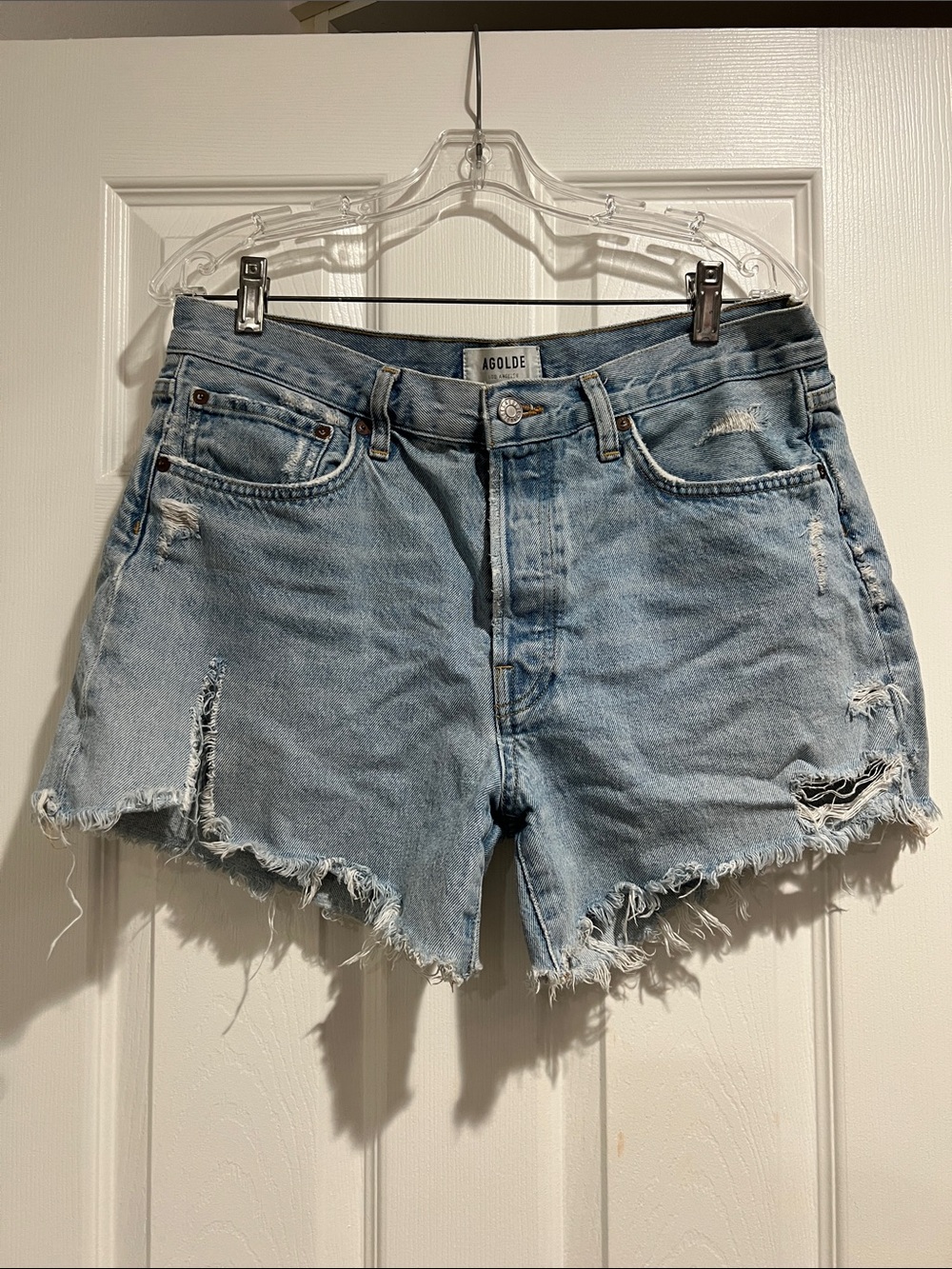 Agolde Light Wash Distressed Denim Shorts